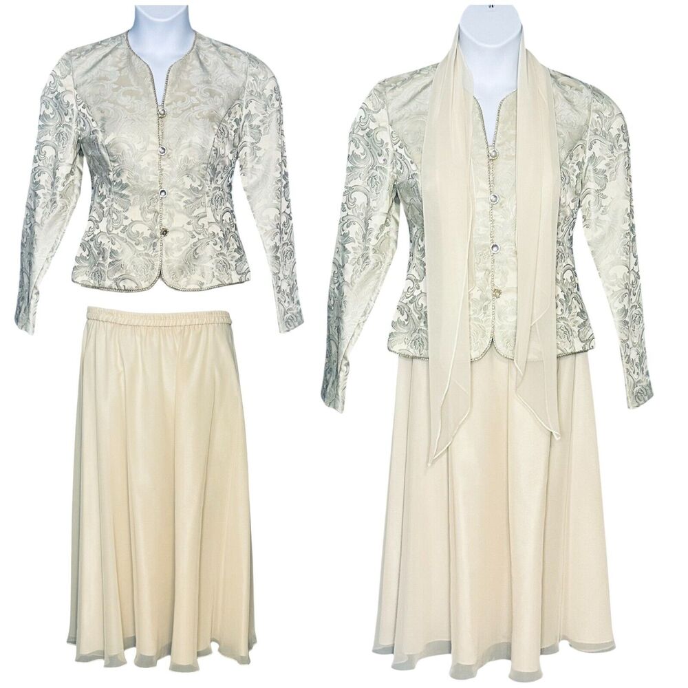 Vintage Karen Miller Skirt Suit Size 10 Beige Pale Aqua Elegant Mother of Bride